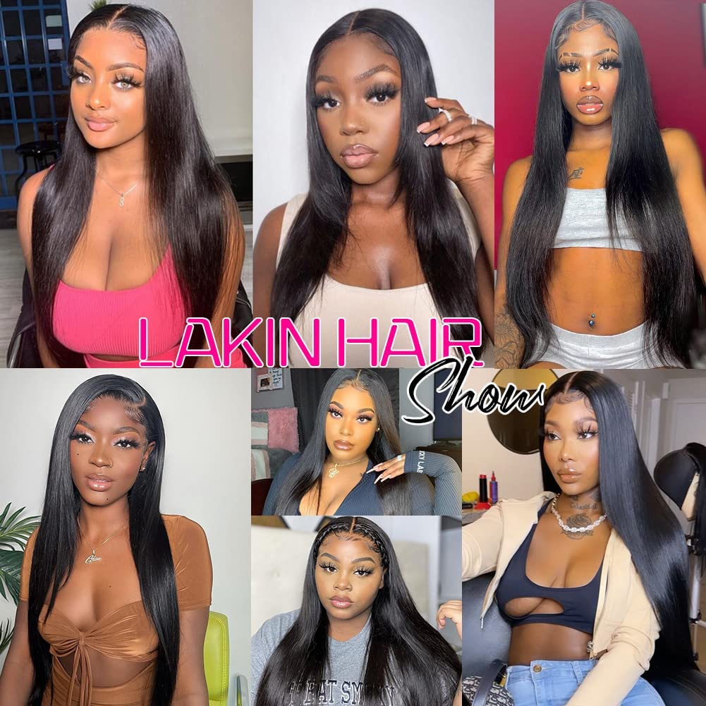 Lakin Glueless HD Lace Front Wigs Human Hair Pre Plucked Bleached Knots with Baby Hair 180 Density 4x4 Straight Lace Closure Wigs for Black Women Natural Black Color