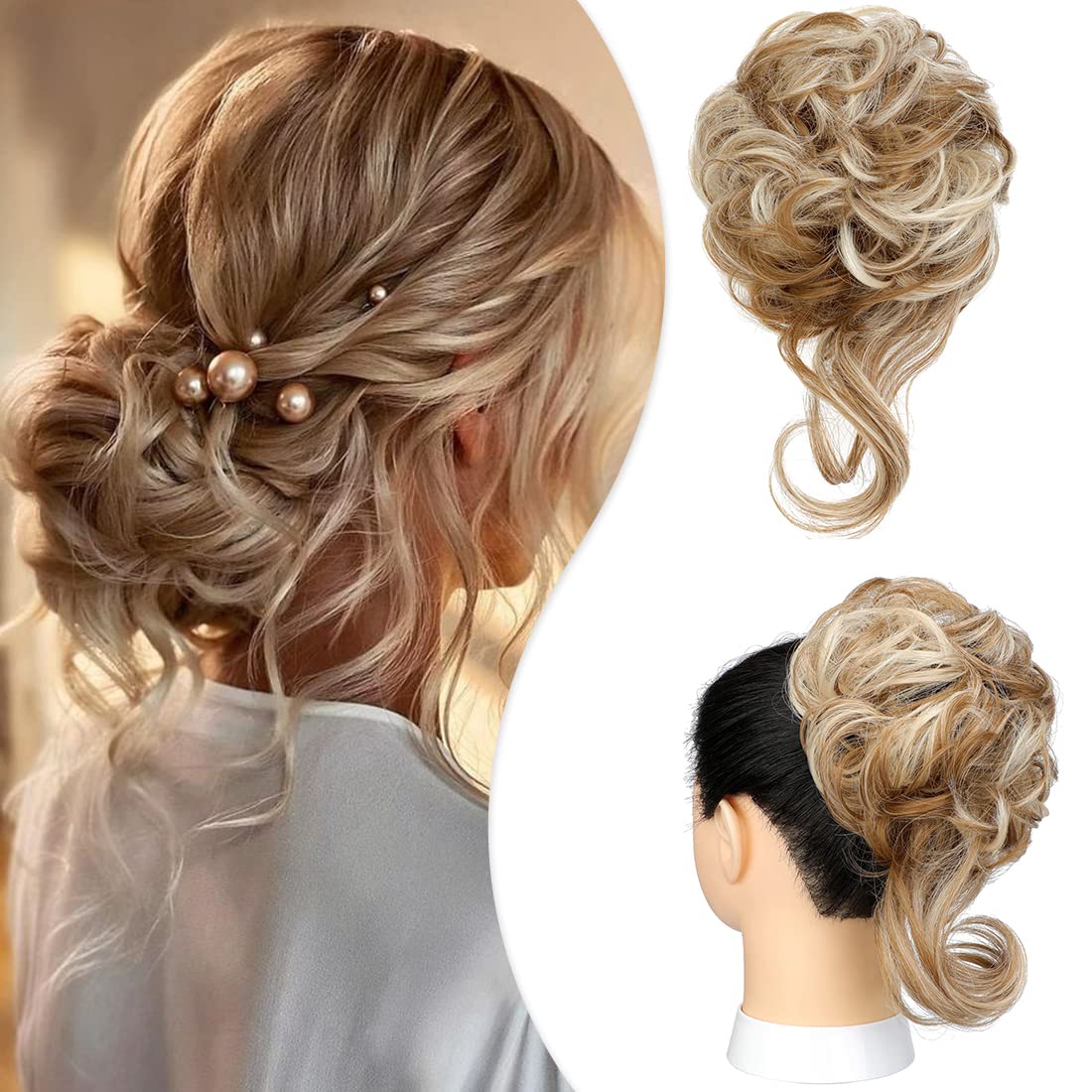 Mitrygreen Messy Bun Hair Piece Tousled Updo Extension Elastic Rubber Band Hair Extension Piece for Women Girls Ginger Brown Mix Bleach Blonde