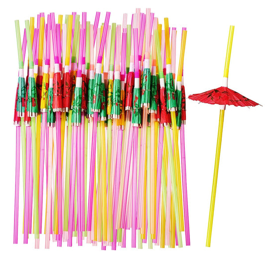 Comfy Package [50 Count] Umbrella Straws, Flexible Plastic Cocktail Straws - Assorted Colors Swizzle Sticks - Fancy Mini Umbrella Drinking Straws for Hawaiian Beach Cocktail Luau Party Decor