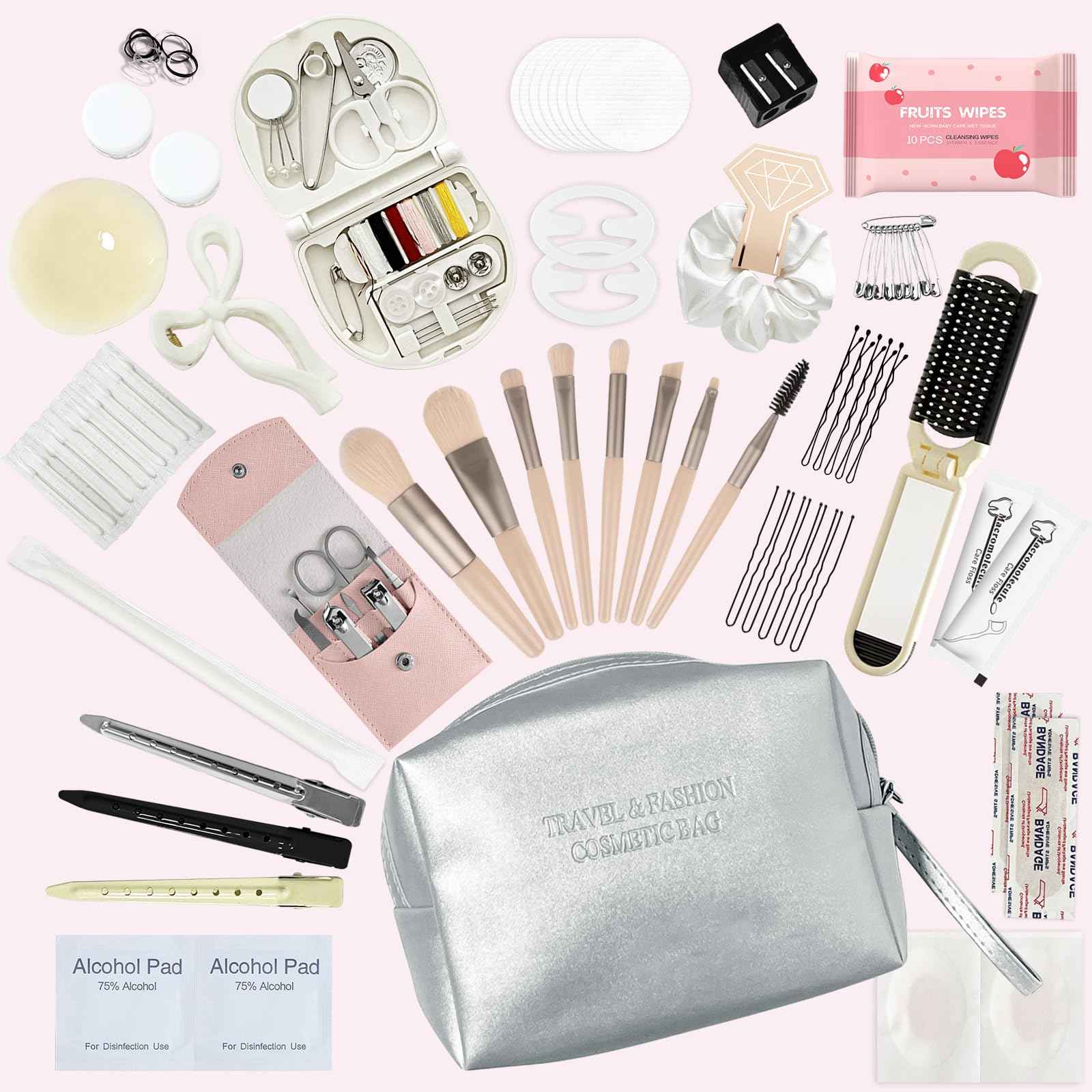 Bridal Emergency Kit for Wedding Day, Wedding Essentials Survival Set for Team Bride, Must-Have 50pcs Essentials Travel Kit with Makeup Bag(Sliver)