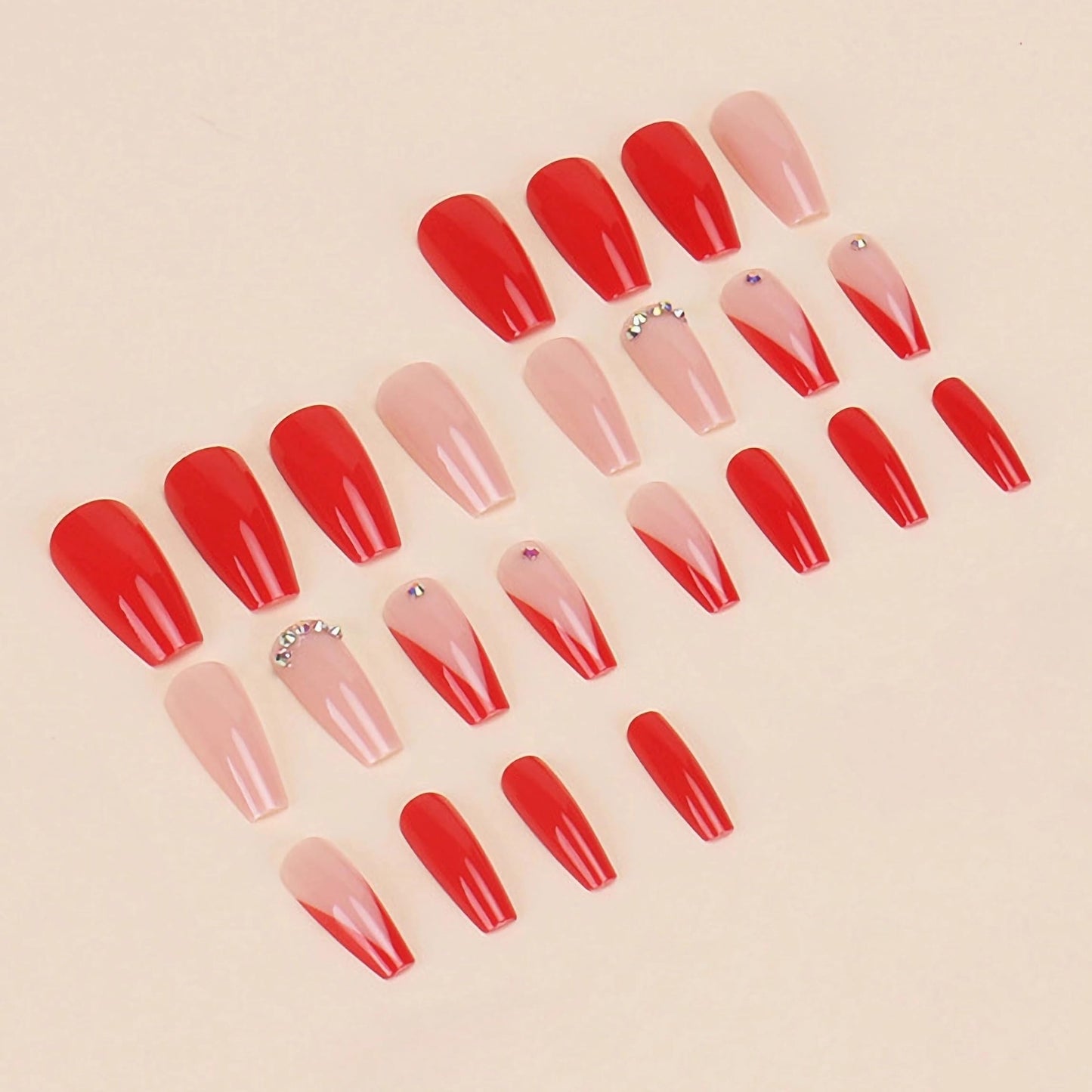 MERVF Long Press on Nails Coffin Fake Nails Press ons Red French Tip Glue on Nails Classic Ballerina Acrylic False Nails with Rhinestones Design Glossy 24pcs