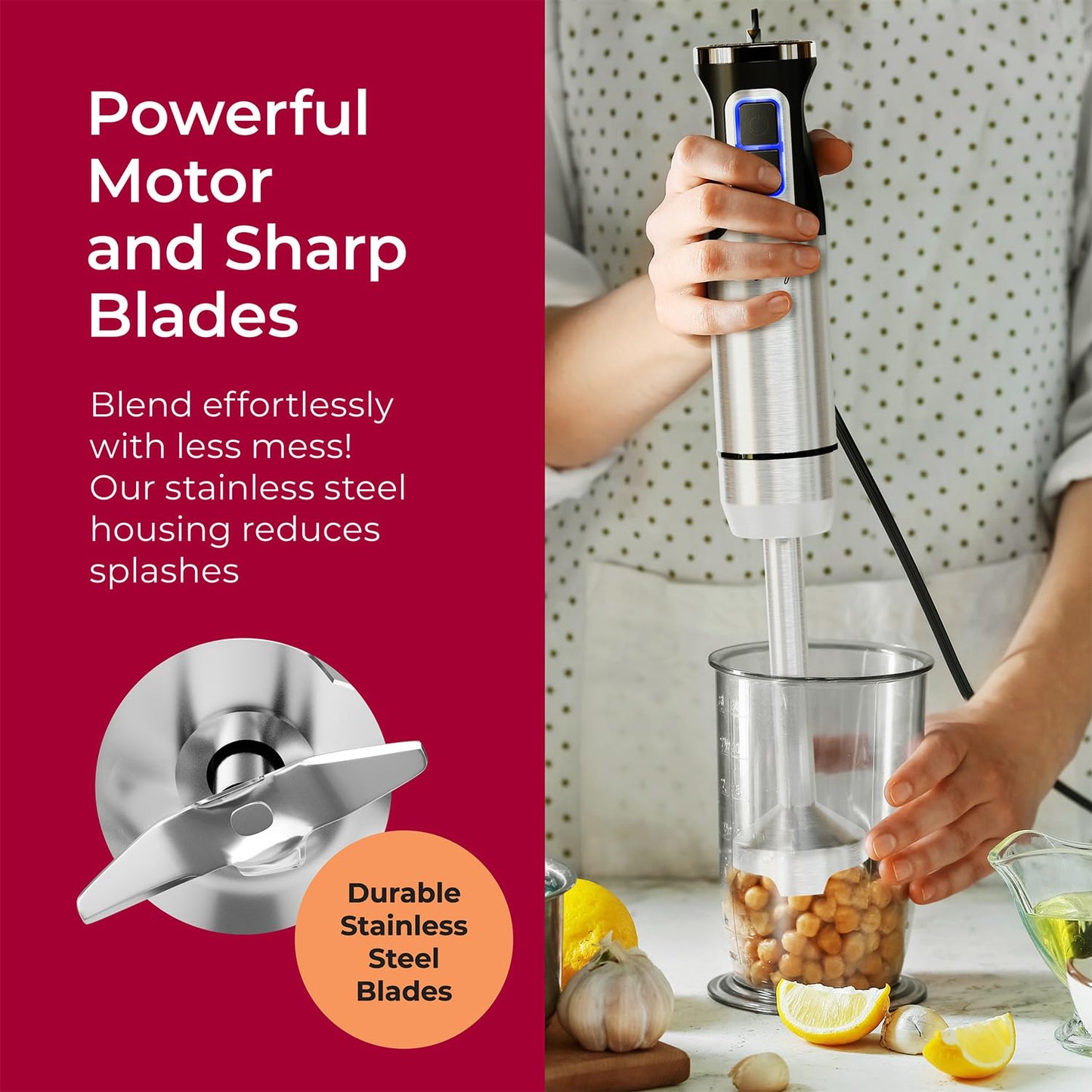 Immersion Hand Blender Full Kitchen Set - 8 Speed Immersion Blender, Hand Mixer with 7 Attachments: Stainless Steel Blade, Whisk, Milk Frother, Beater, Mixing Hooks, Potato Masher, Chopper Bowl