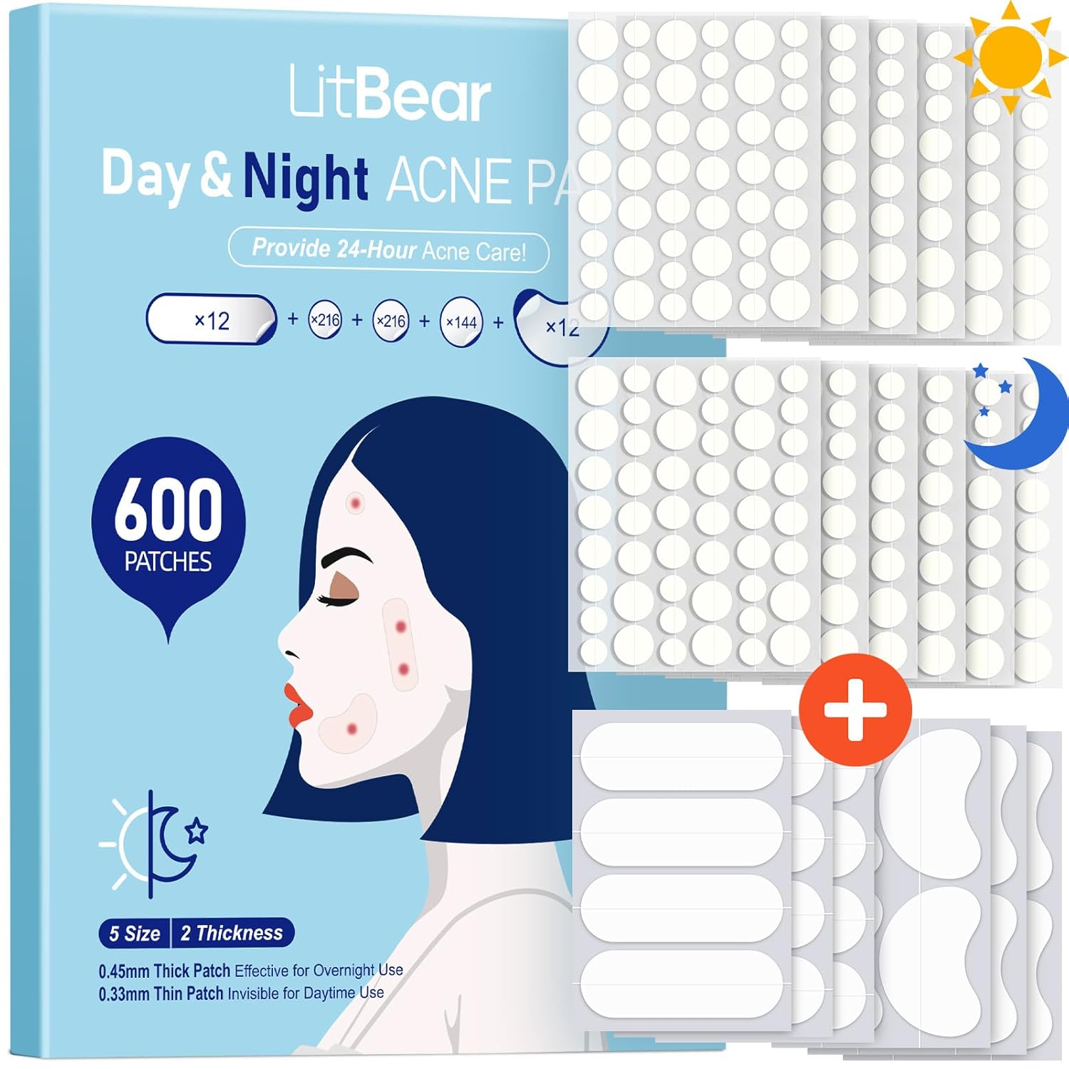 LitBear Pimple Patches for Face, 400 Counts Day and Night Acne Patches, Hydrocolloid Patches for Covering Zit and Blemishes, Large Breakouts, 5 Sizes Thin & Thick Spot Dots Stickers for Chin, Forehead