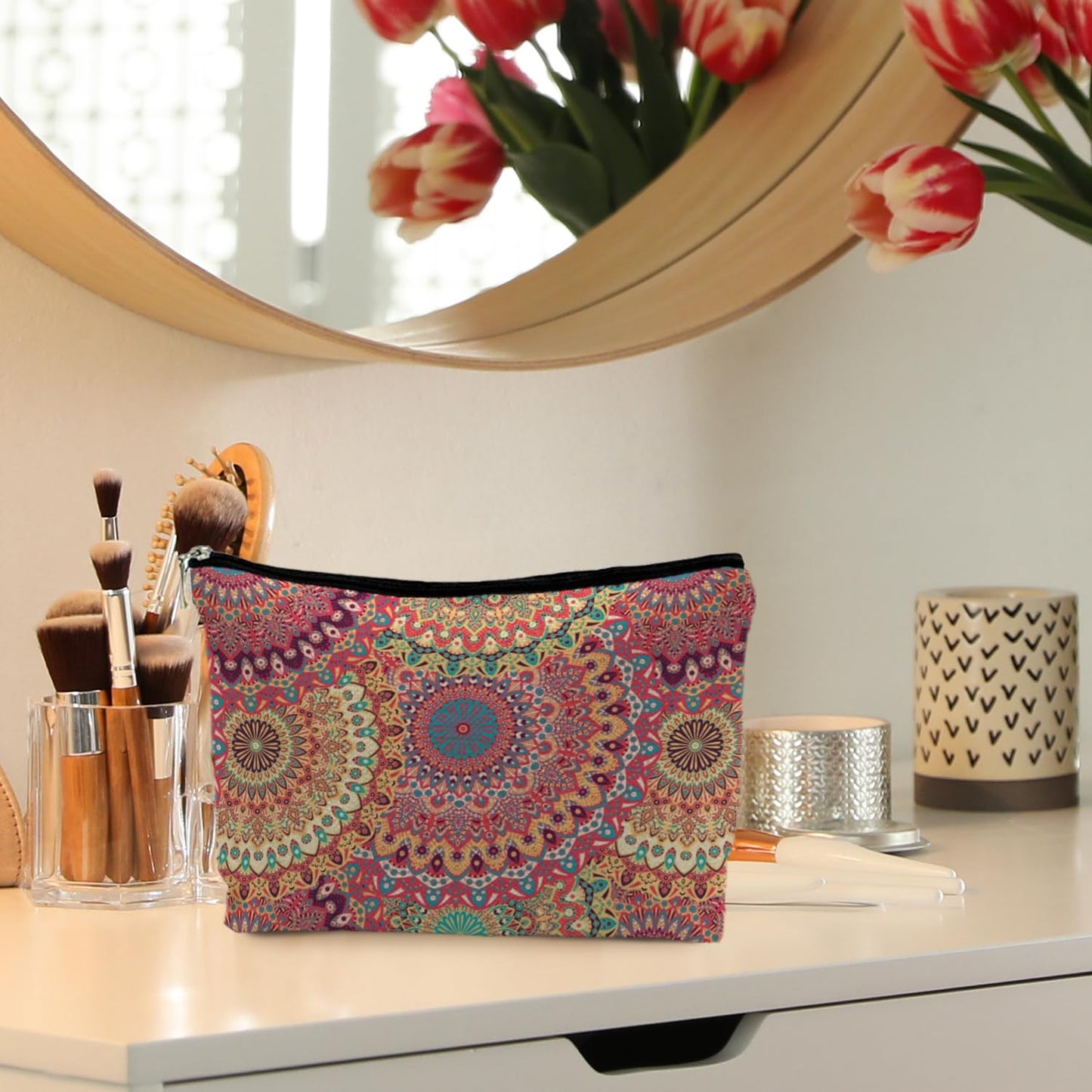 RYYCDOI Boho Mandala Floral Makeup Bag, Bohemian Ethnic Mandala Flower Cosmetic Bags Toiletry Bag for Women, Hippie Flower Makeup Bag, Floral Makeup Pouch