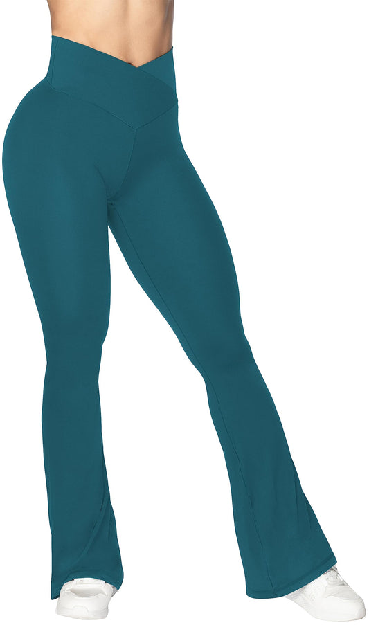 Sunzel Flare Leggings, Crossover Yoga Pants with Tummy Control, High-Waisted and Wide Leg, 30" Inseam, Deep Teal X-Small