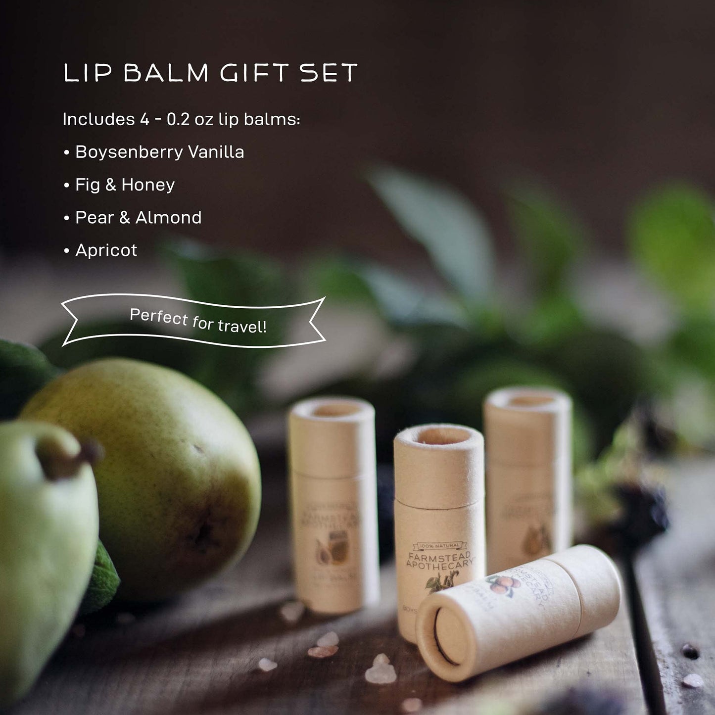 Farmstead Apothecary Lip Balm Gift Set with Pouch - Reusable Pouch Includes 4 -.2 oz Lip Balms - Boysenberry Vanilla, Fig & Honey, Pear & Almond , Apricot ,1 each. 100 % Natural, 99% Organic