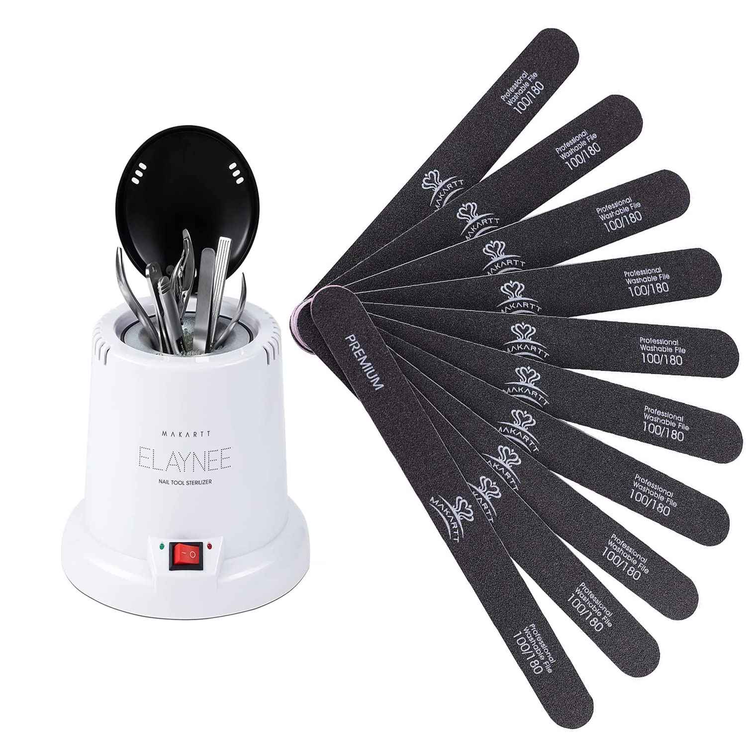 Makartt Nail Tool Sterilizer Bundle with Nail File 100 180 Grit Nails Files for Acrylic Nails Poly Nail Gel Double Sided Black