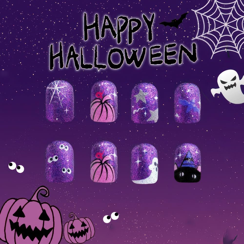 Halloween Nails-Halloween Press on Nails Square Shape False Nails with Designs Halloween Short Square Skeleton Glue on Nails for Women, 24Pcs