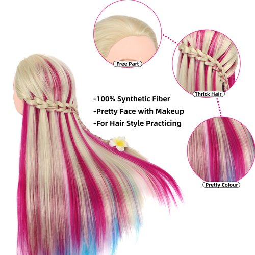 Mannequin Head with Hair, 29'' Training Head Braiding Doll Head for Hair Styling Manikin Cosmetology Mannequin Head Hair Practice Model Head with Clamp Holder(Colorful)