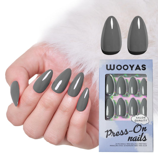 Wooyas Soft Gel Press on Nails Medium ，Almond Glossy Handmade Fake Nails Reusable, Fit Perfectly Glue On Nails in 12 Sizes - 24 Pcs Soft Gel Glue On Nails Kit, Cement Gray Color