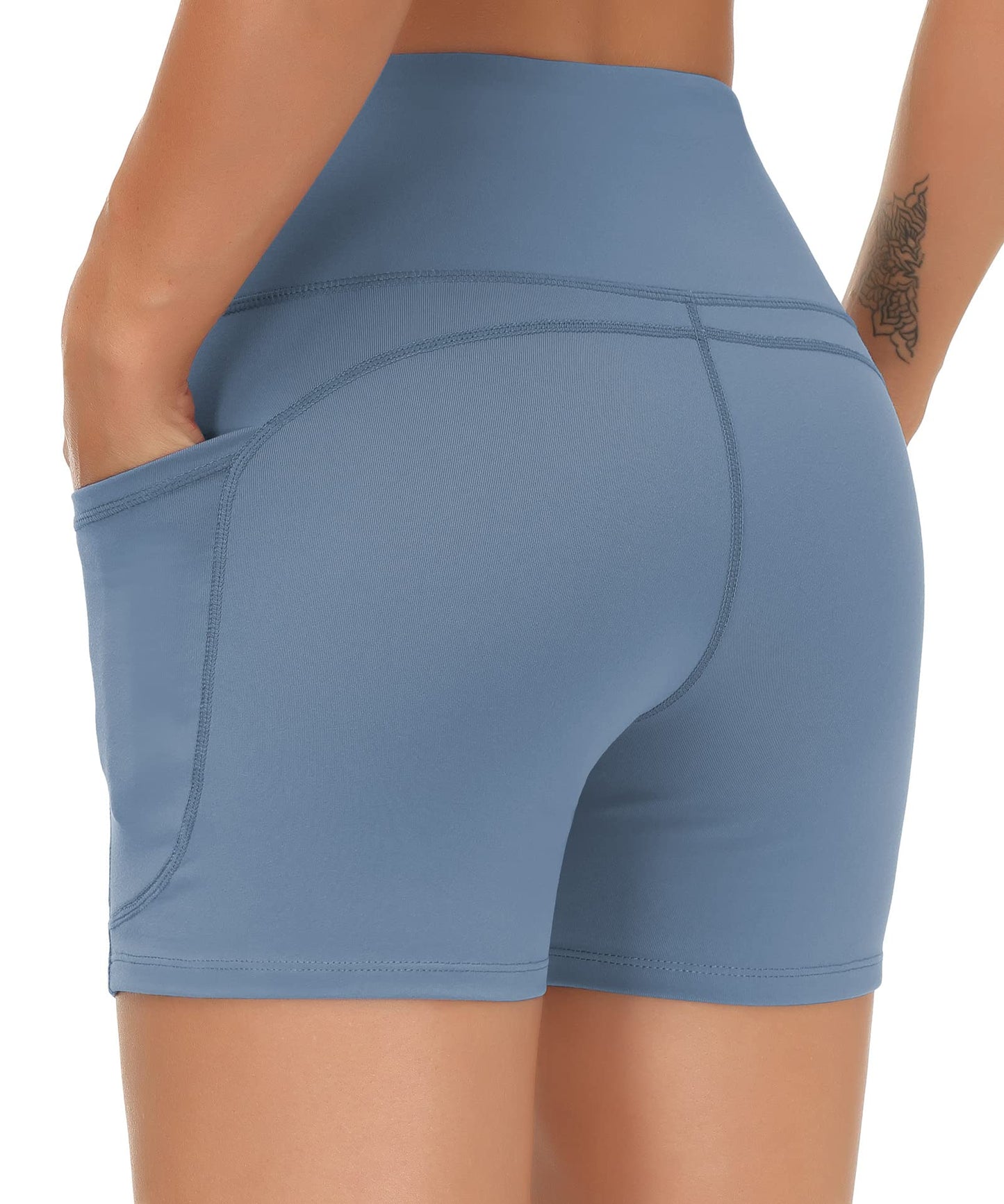 THE GYM PEOPLE High Waist Yoga Shorts for Women's Tummy Control Fitness Athletic Workout Running Shorts with Deep Pockets (Small, Grey Blue)