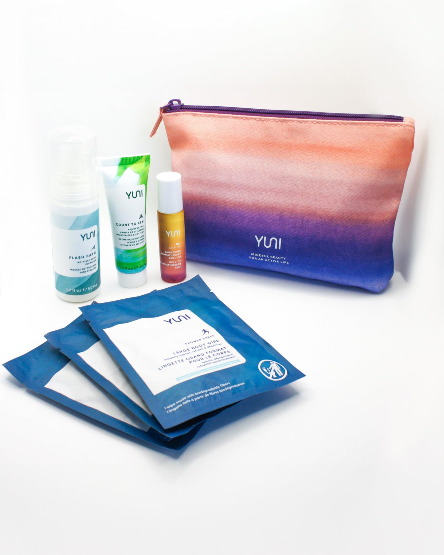 YUNI Beauty Natural Travel Essentials Kit (7pc kit) Beauty On the Run Travel Size Body Care Kit - Cleanse, Refresh, Hydrate - Save Time - All Natural, Paraben-Free, Cruelty-Free