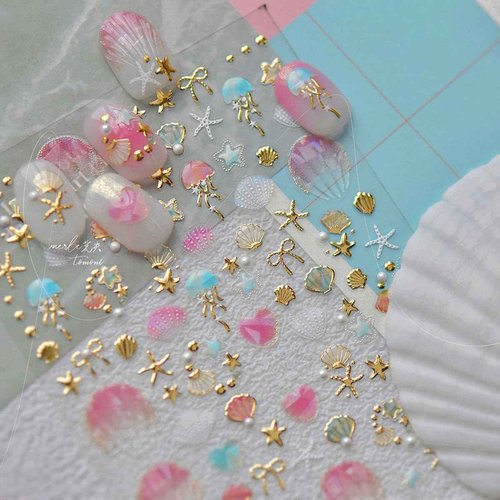 2Pcs Summer Nail Stickers for Nails Art,Extra Shiny 5D Shell Starfish Nail Art Stickers Decals Gold Silver Star Jellyfish Self-Adhesive Design Summer Beach Nail Supplies for Women Manicure Accessories
