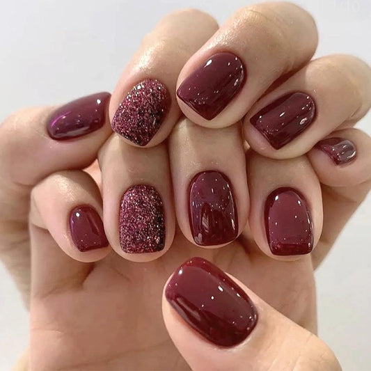 Short Press on Nails Square Wine Red Fake Nails Acrylic False Nails with Glitter Designs Glossy Full Cover Glue on Nails 24 Pieces