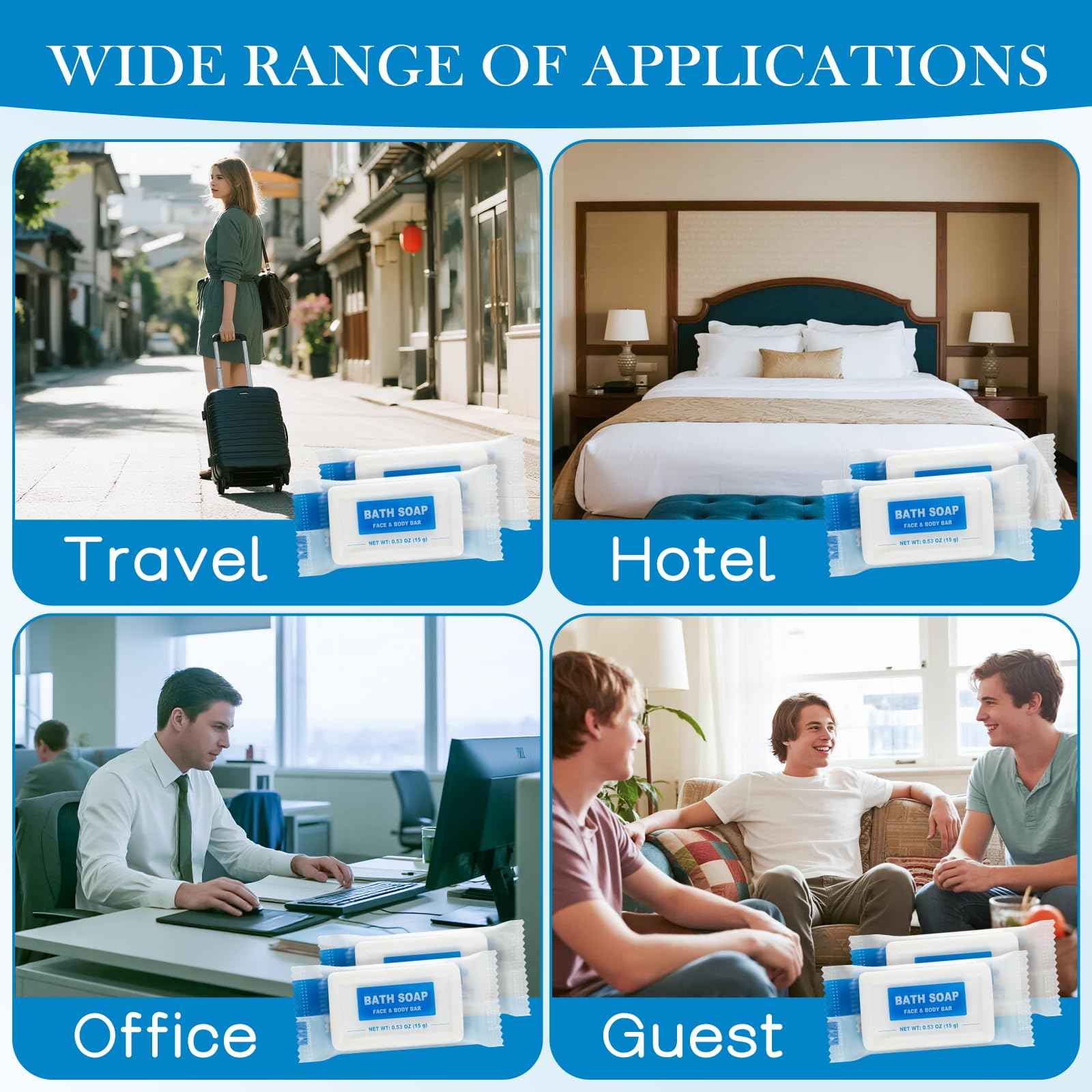 HAIFOTRVA 100 Pack Mini Travel Size Bar Soap Bulk,0.53 oz/15 grams Individually Wrapped Small Disposable Hotel Soap Bars Toiletries for Church,Homeless Gifts,Bathroom,Guest