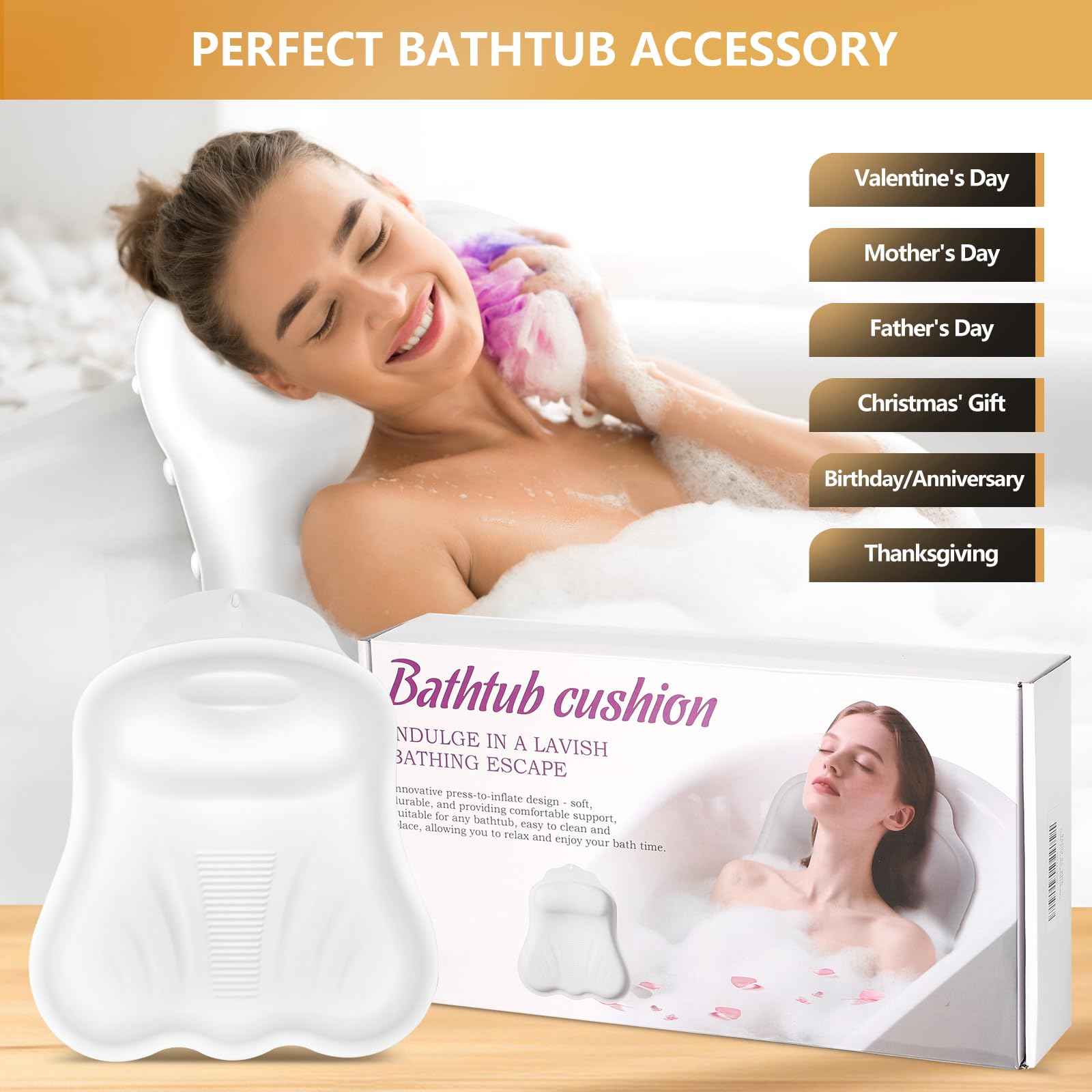 Inflatable Bath Pillows for Tub - Adjustable Firmness Silicone Bathtub Pillow for Neck-Relaxing & Epsom Salt Soaking, Bath Pillow for Head & Back Support Cushion, Spa Gifts for Women, Parent (White)