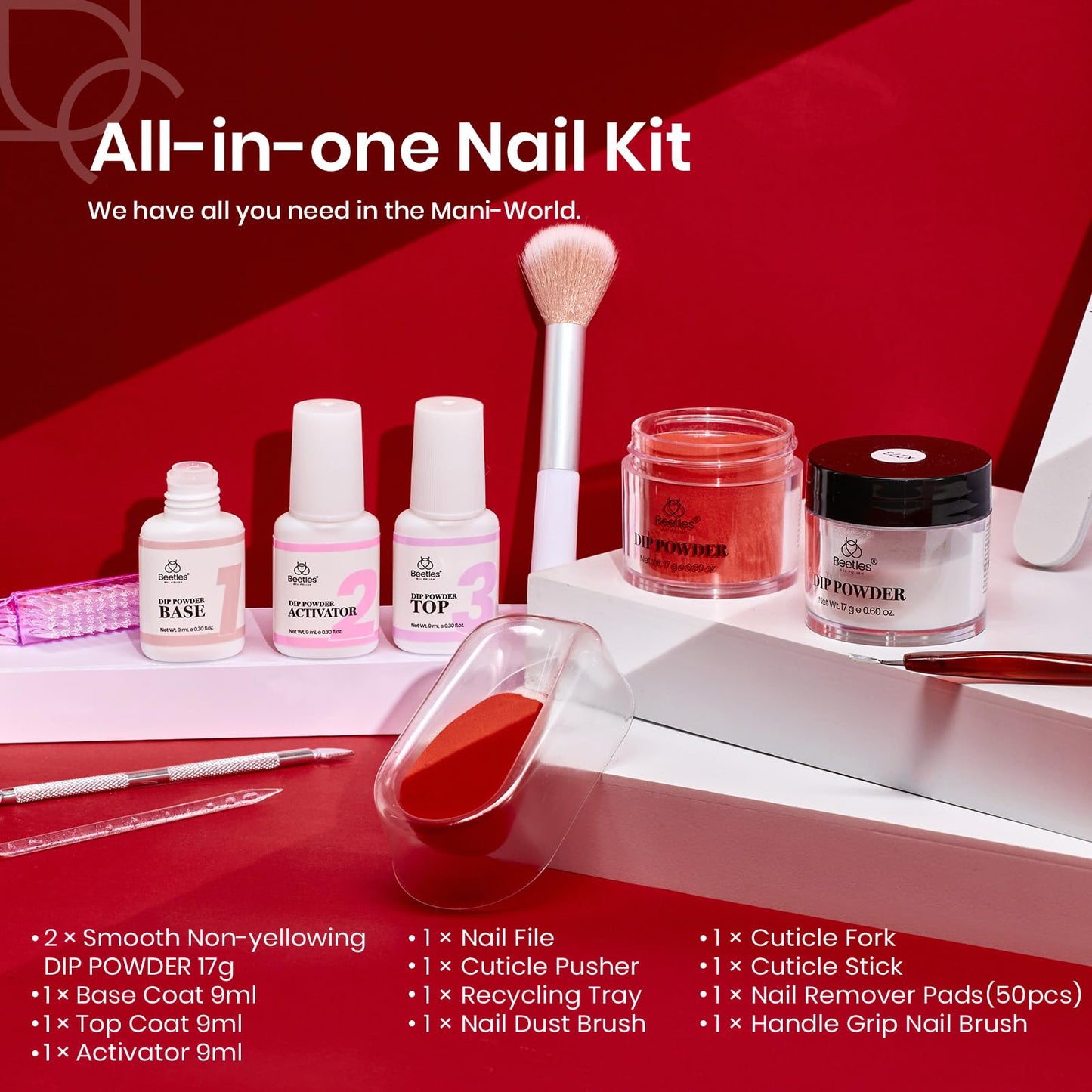 beetles Dip Powder Nail Kit Starter, Clear Red Dipping Powder Liquid Set with Base/Top Coat Activator Manicure Tools for French Nail