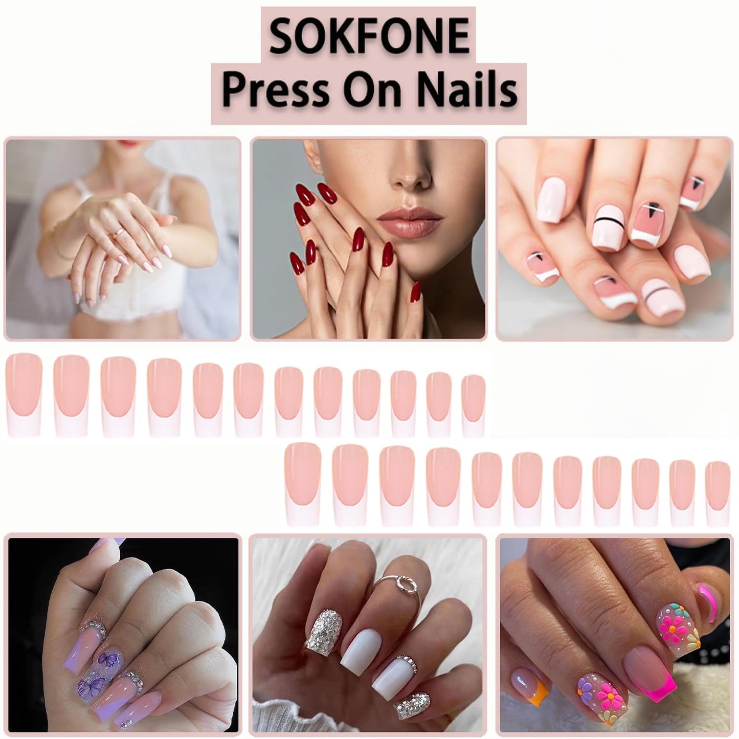 Press on Nails Medium Square Acrylic Nails French Tip Fake Nails Pink White False Nails Full Cover Artificial Glue on Nails Glossy Stick on Nails for Women Girls 24Pcs