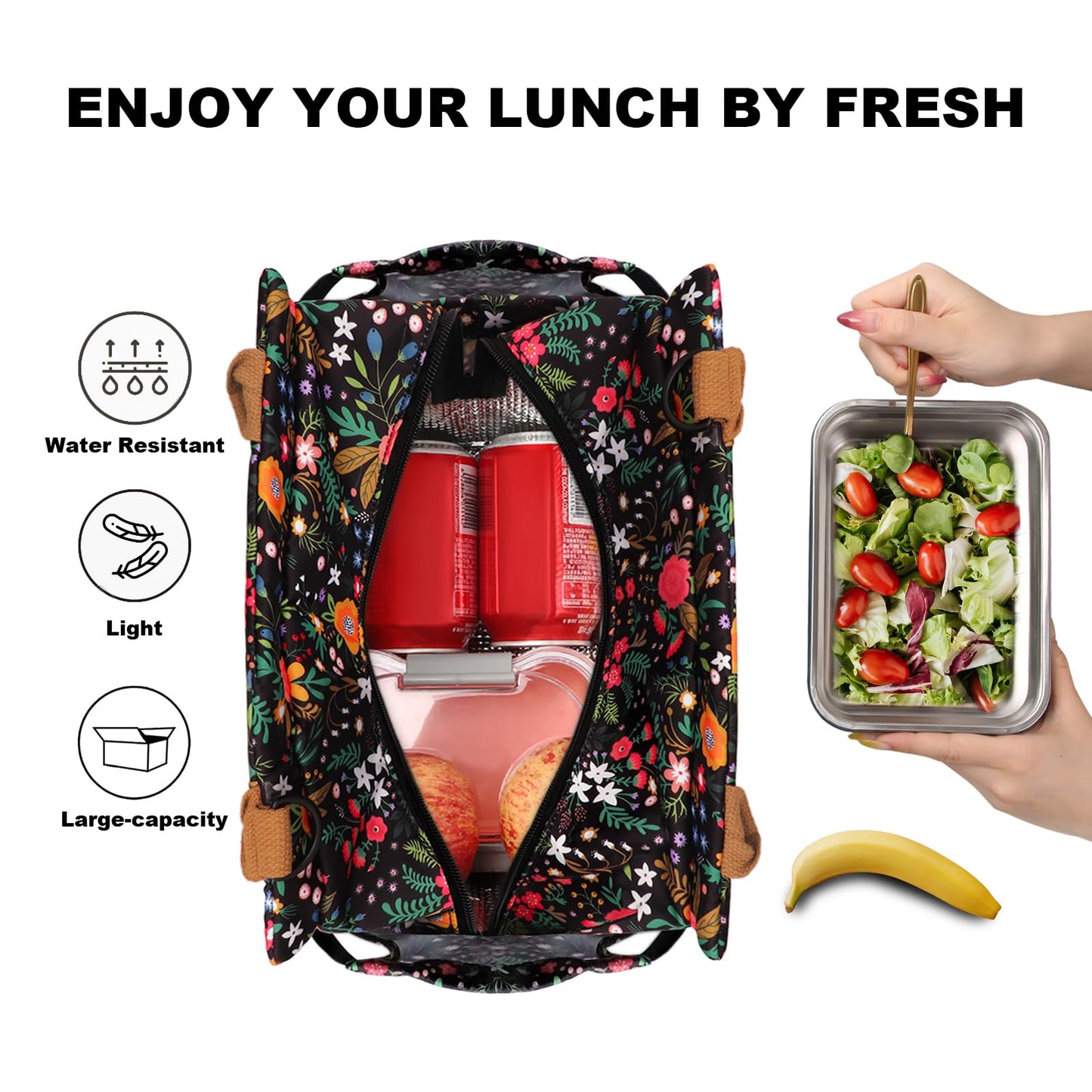 Joymee Lunch Bag Women, Leakproof Insulated Floral Lunch Box with Adjustable Shoulder Strap Large Reusable Adult Lunch Box Lunch Tote Lunch Bag with Water Bottle Holder and Side Pockets-Multi-Floral