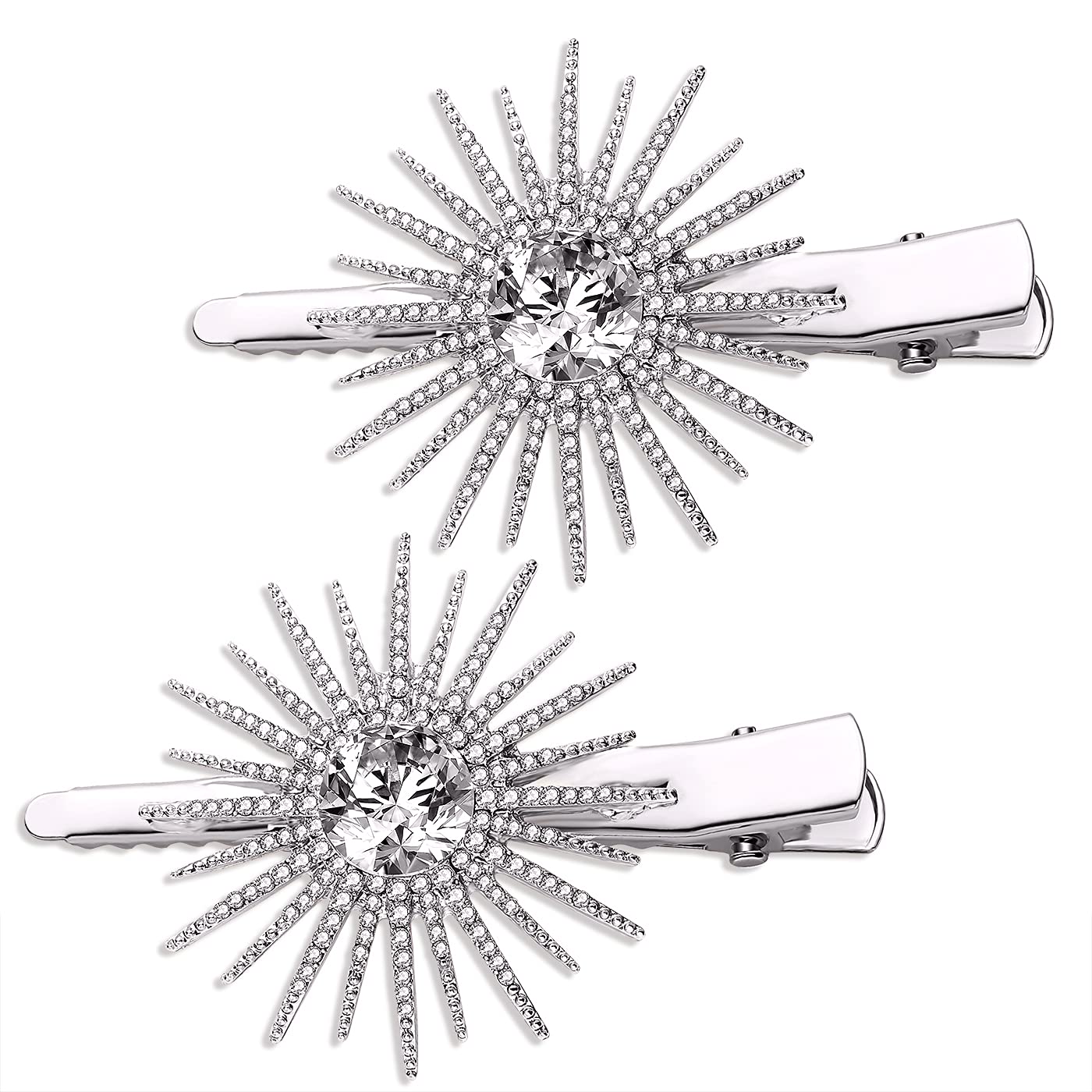 HZEYN Rhinestone Hair Clips Pave Crystal Starburst Hairpin 3.0" Large Alligator Clip Barrette Headwear Accessories Pack of 2 (Silver)