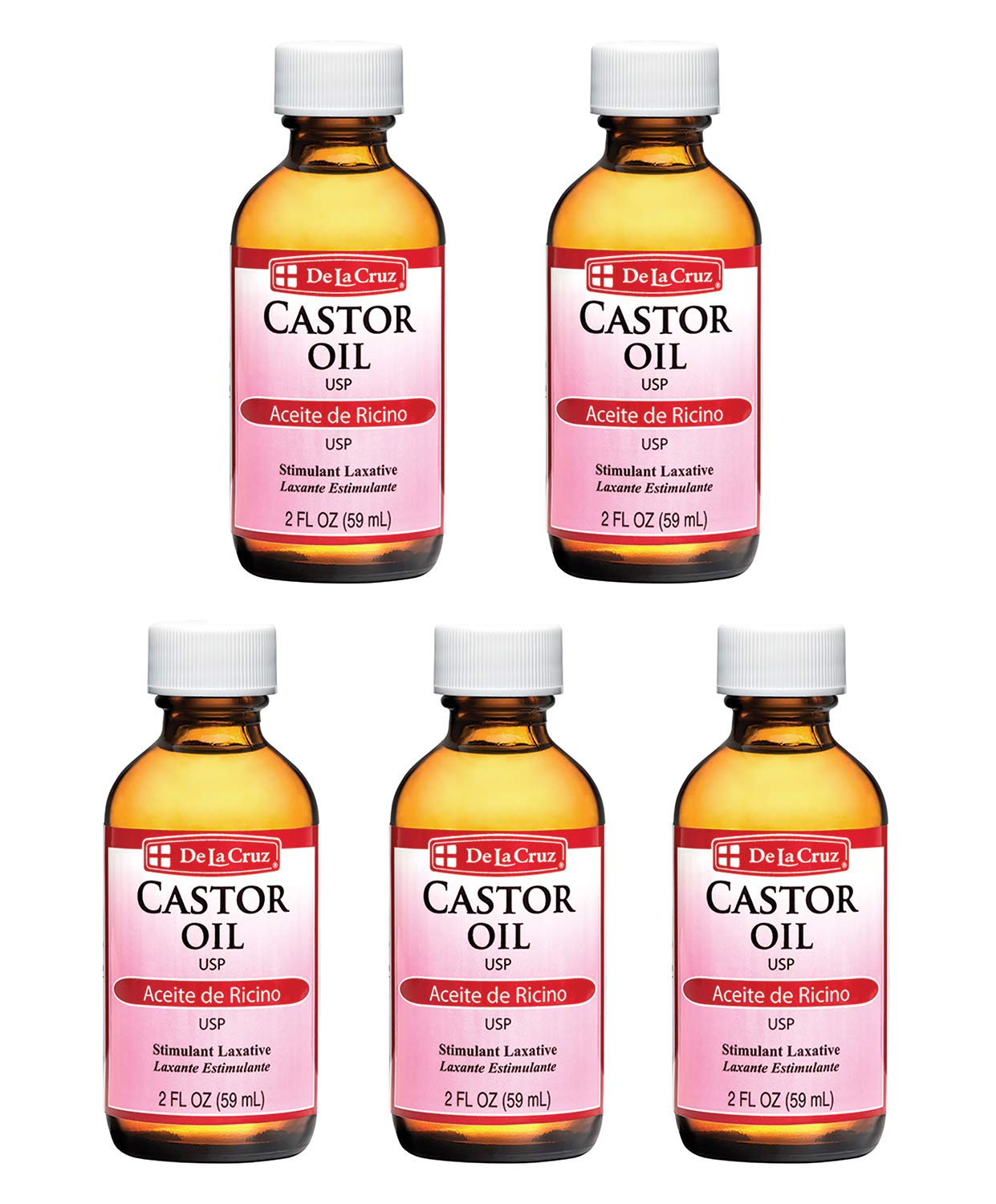 De La Cruz Castor Oil - 100% Pure Castor Oil for Hair, Skin, Eyelashes, and Eyebrows - USP Grade, 2 FL Oz (5 Bottles)