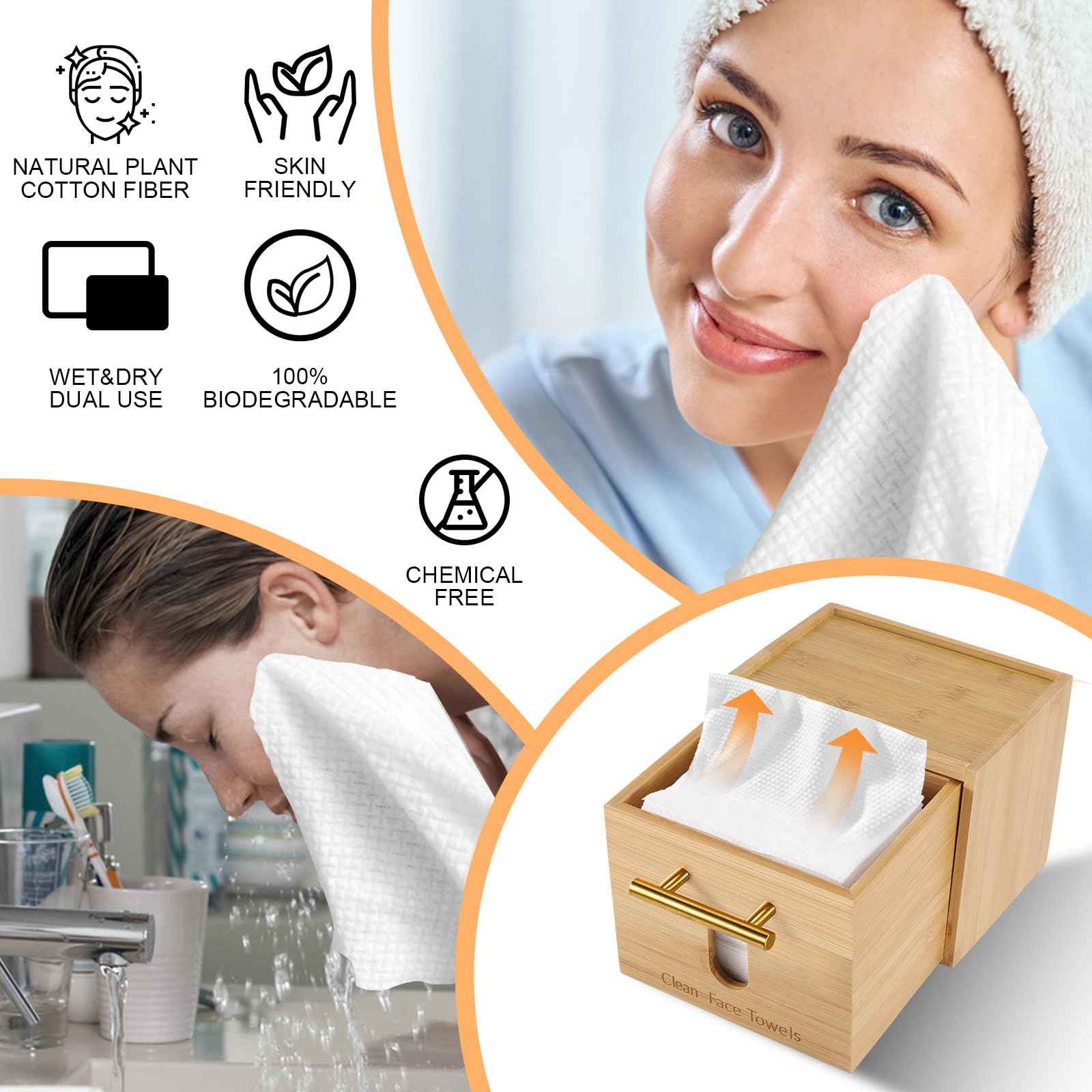 Disposable Face Towel Holder Bamboo Storage Box with 60 XL Towels, Cotton Balls Holders, Facial Towels Container Box with Drawer, Towel XL Organizer for Bathroom, Makeup Remover Dry Wipes Washcloths