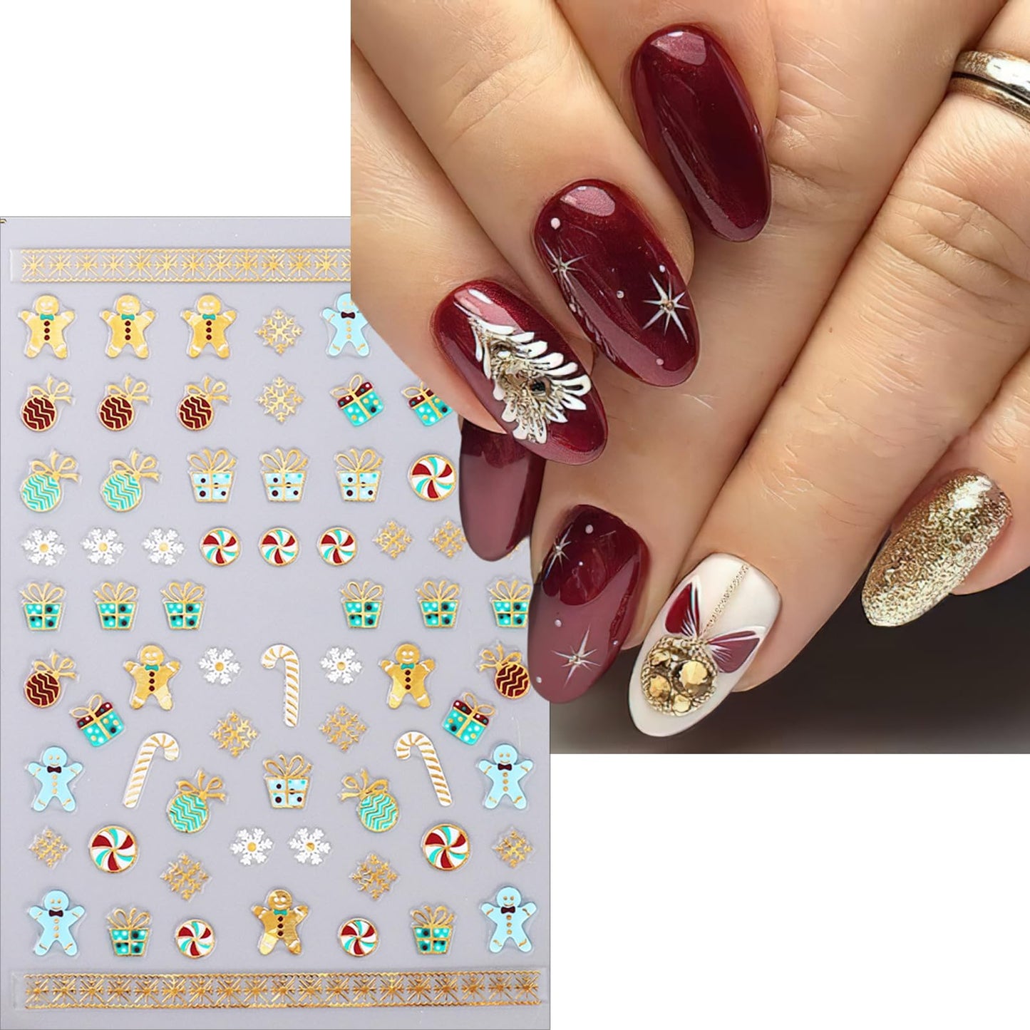 Christmas Nail Art Stickers Holographic Snowflakes Nail Decals 3D Self-Adhesive Laser Gold Silver Santa Claus Nail Sticker Cute Brazing Bell Gifts Gingerbread Man Nail Design for Women Girls 6 Sheets