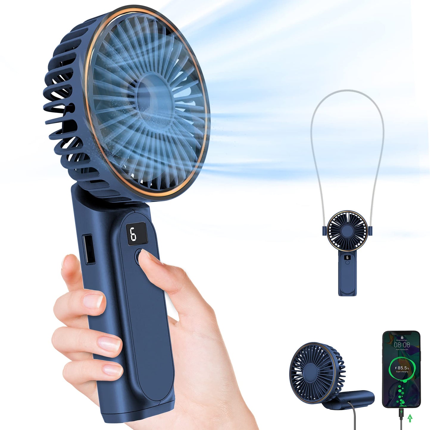 TUNISE Portable Handheld Fan, Portable Fan Rechargeable, 4000mAh, 180° Adjustable, 6 Speed Wind, Display Electricity in Real Time, USB Rechargeable Foldable Fan, Quiet Personal Fan with Power Bank