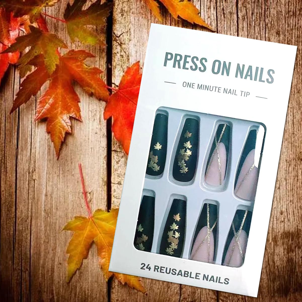 24Pcs Fall Press on Nails Long Coffin with Black French Maple Leaf Design Maple Leaves Fake Nails Press on Full Cover Stick on Nails Autumn Thanksgiving Manicure Tips for Women Girls