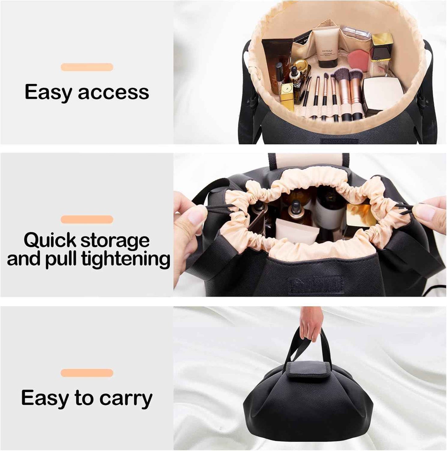 FANGENKE Large Drawstring Makeup Organizer,Lay Barrel Makeup Bag Leather Cosmetic Bag Toiletry Bag for Travel,Portable Waterproof Make Up Bags for Women Brush Toiletries Accessories (Black Large)