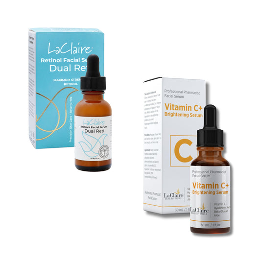 LaClaire Skincare Duo: 1 Unit of Retinol Face Serum + 1 Unit of Vitamin C+ Serum, Anti-Aging, Brightening, Firming, Smoothing, 30 ml Each