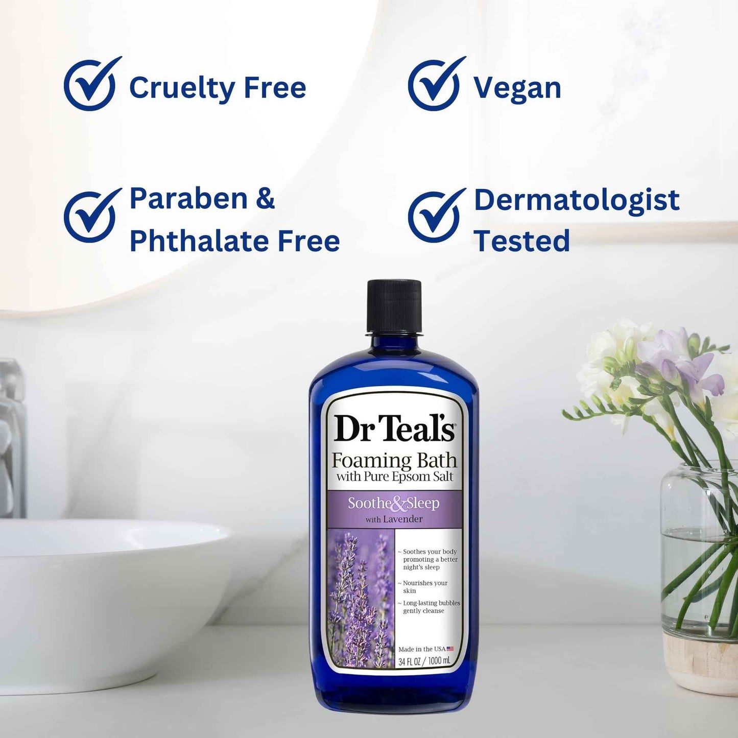 Dr. Teal's Lavender Foaming Bath 34 oz (Pack of 2) with Variety Junction Premium Bath and Shower Sponge, Soothing & Relaxing, Bubble Bath, Soaking Bath, Men's and Women's, Clear