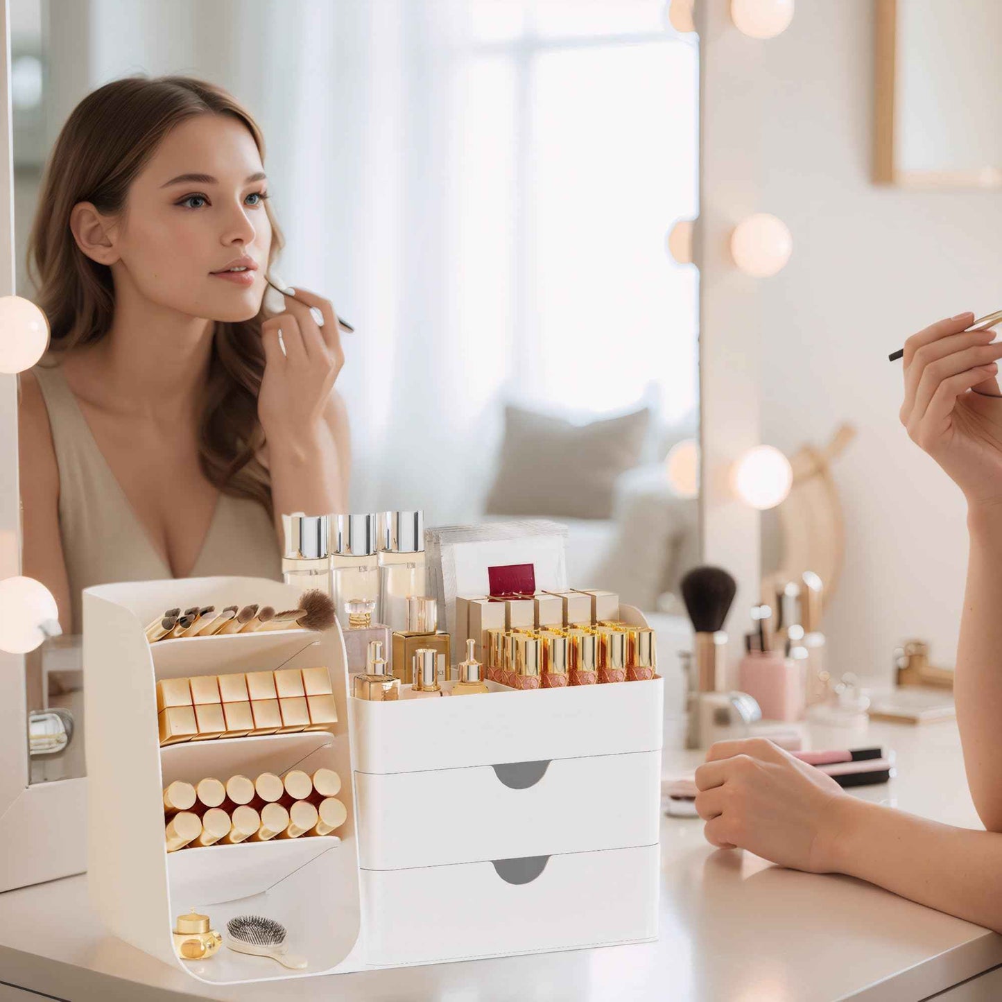 FYABREEK Makeup Organizer with 2 M Drawers & Brush Holders - Cosmetic Storage Case for Vanity, Bathroom Countertop & Desk - Skincare & Office Supplies Organizer (All White, M)