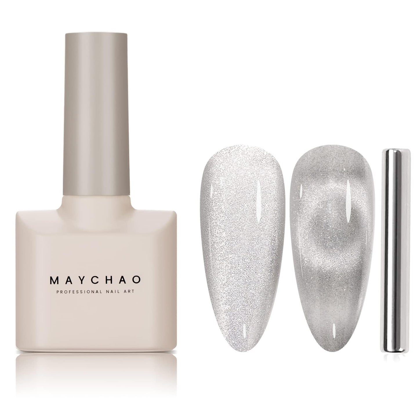 MAYCHAO 15ML Cat Eye Gel Nail Polish 1Pc Silver Gel Polish with Magnet Soak off Holographic Magnetic Nail Polish for Nail Art Manicure Salon DIY at Home, 0.5 OZ