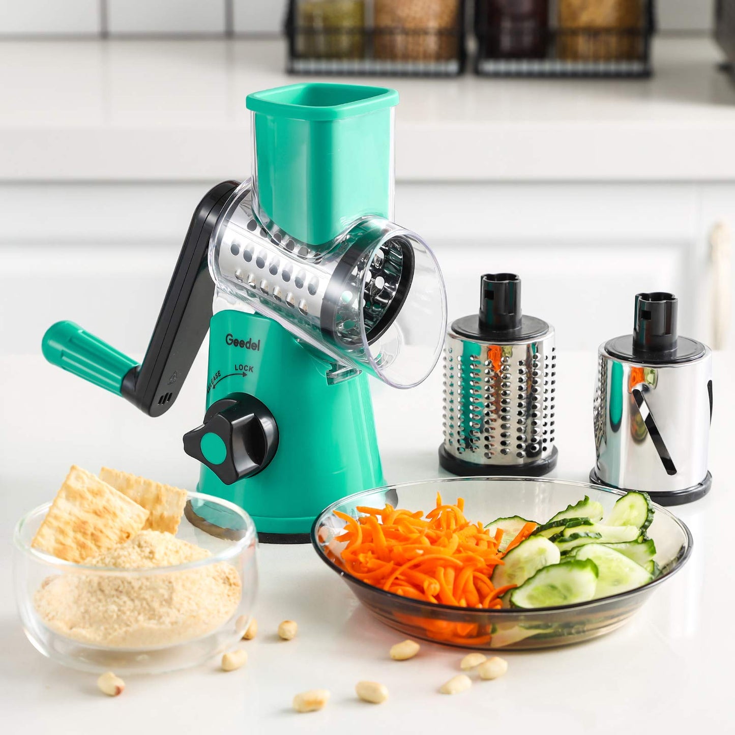 Geedel Rotary Cheese Grater with 3 Interchangeable Blades, Kitchen Mandoline Vegetable Slicer for Fruit, Nuts , Easy to Clean