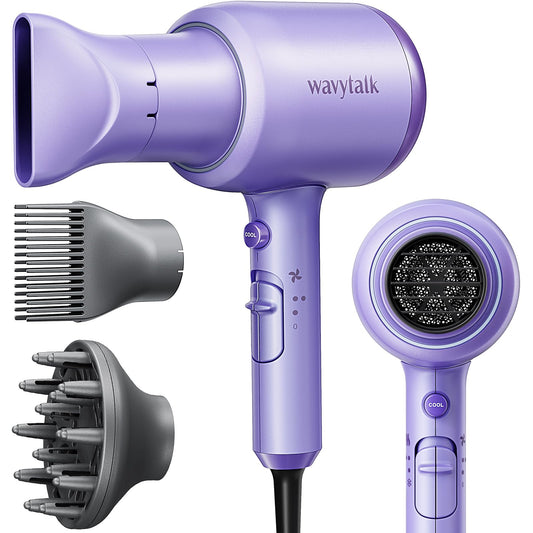 Wavytalk Ionic Blow Dryer with Diffuser - Professional 1875W Hair Dryer for Women, Constant Temperature, Comb for Fasting Drying, Light and Quiet, Purple