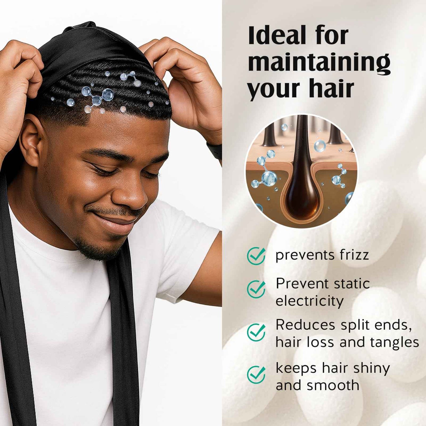 YFONG 100% Mulberry Silk Durag for Men & Women, 22 Momme Silky Durag for Hair Care, Soft and Breathable Do rag for Comfortable Wear, Perfect for Fashion Styling, 1Pc, Black