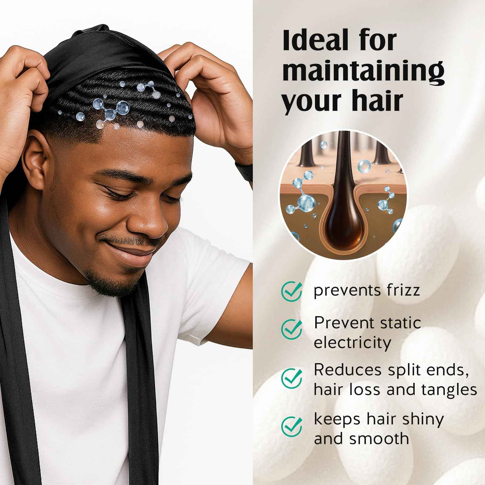 YFONG 100% Mulberry Silk Durag for Men & Women, 22 Momme Silky Durag for Hair Care, Soft and Breathable Do rag for Comfortable Wear, Perfect for Fashion Styling, 1Pc, Black