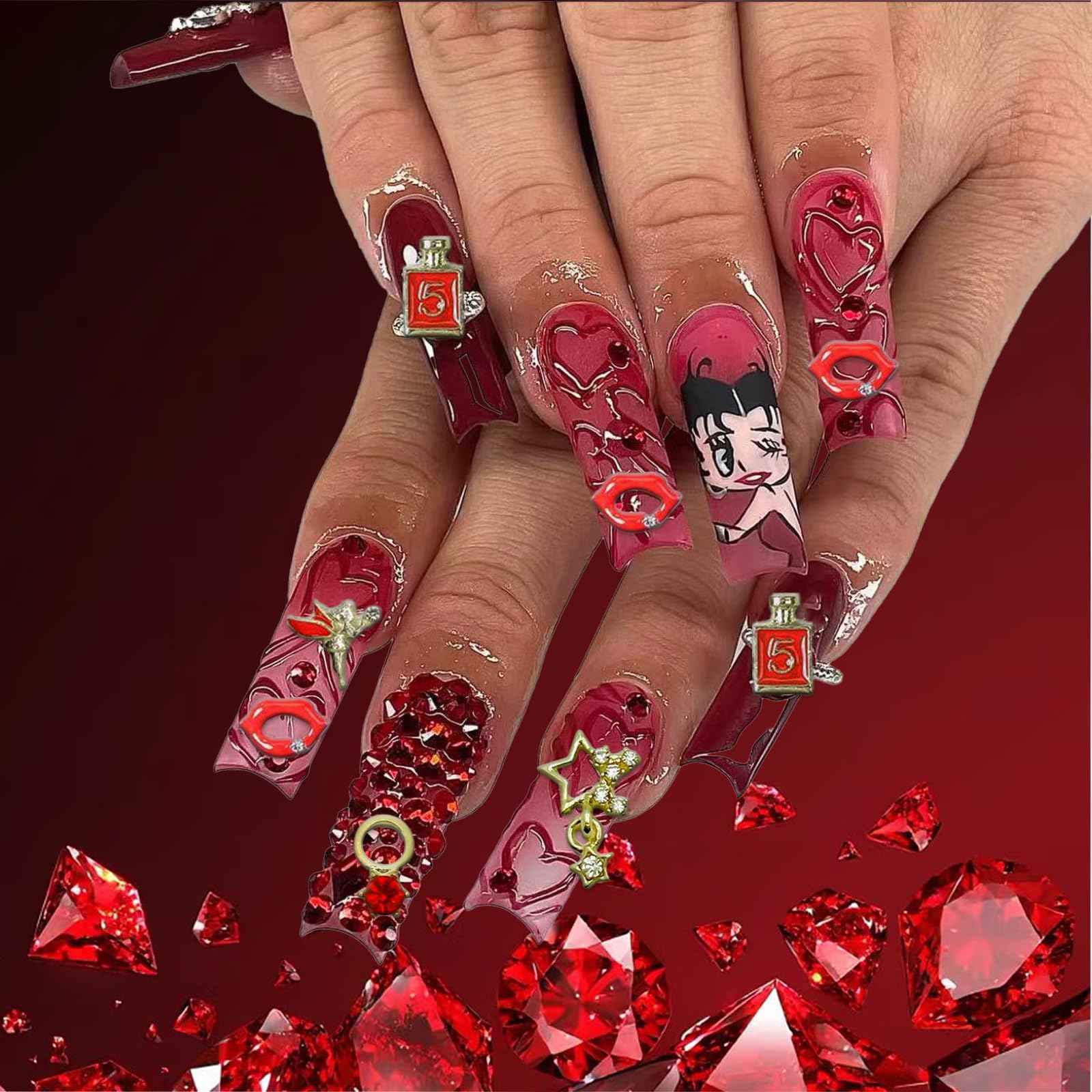 Pizadix 100 Pcs Gold Red Nail Charms Y2K with Lipsticks, Wine Bottles, Wine Cups, Lips, Tulips, Stars, High Heels, Perfume Bottle