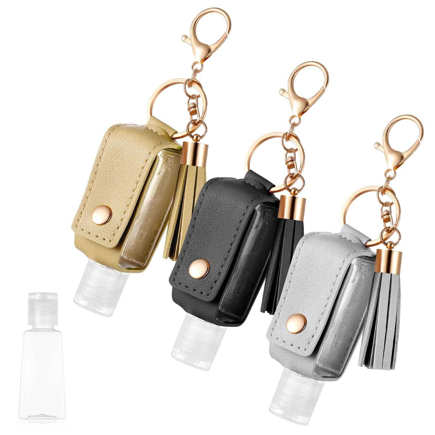 PEOVLVN 3Pcs Hand Sanitizer Keychain - 30ml Portable Leather Holder Travel Size Case With Refillable Bottle for Toiletry Lotion Liquid Soap Shampoo
