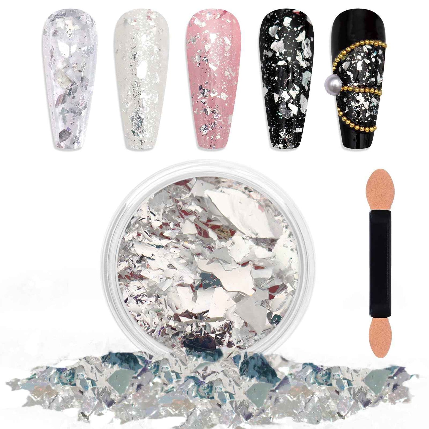 Laza Silver White Pearlescent Nail Flakes Glitter Irregular Opal Nail Foil Flakes Chunky Confetti Moonlight Chrome Sequins Aurora Fairy Dust for Mermaid Nails Design, Nail Decorations for Nail Art