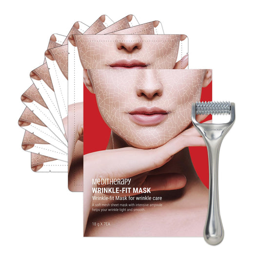 MEDITHERAPY Wrinkle fit Mesh Sheet Masks + Boosting Roller (Mask 7EA + Roller 1EA), Collagen Mask,Quick Absorption with Roller, Anti-aging, Glass Skin, Korean Skincare