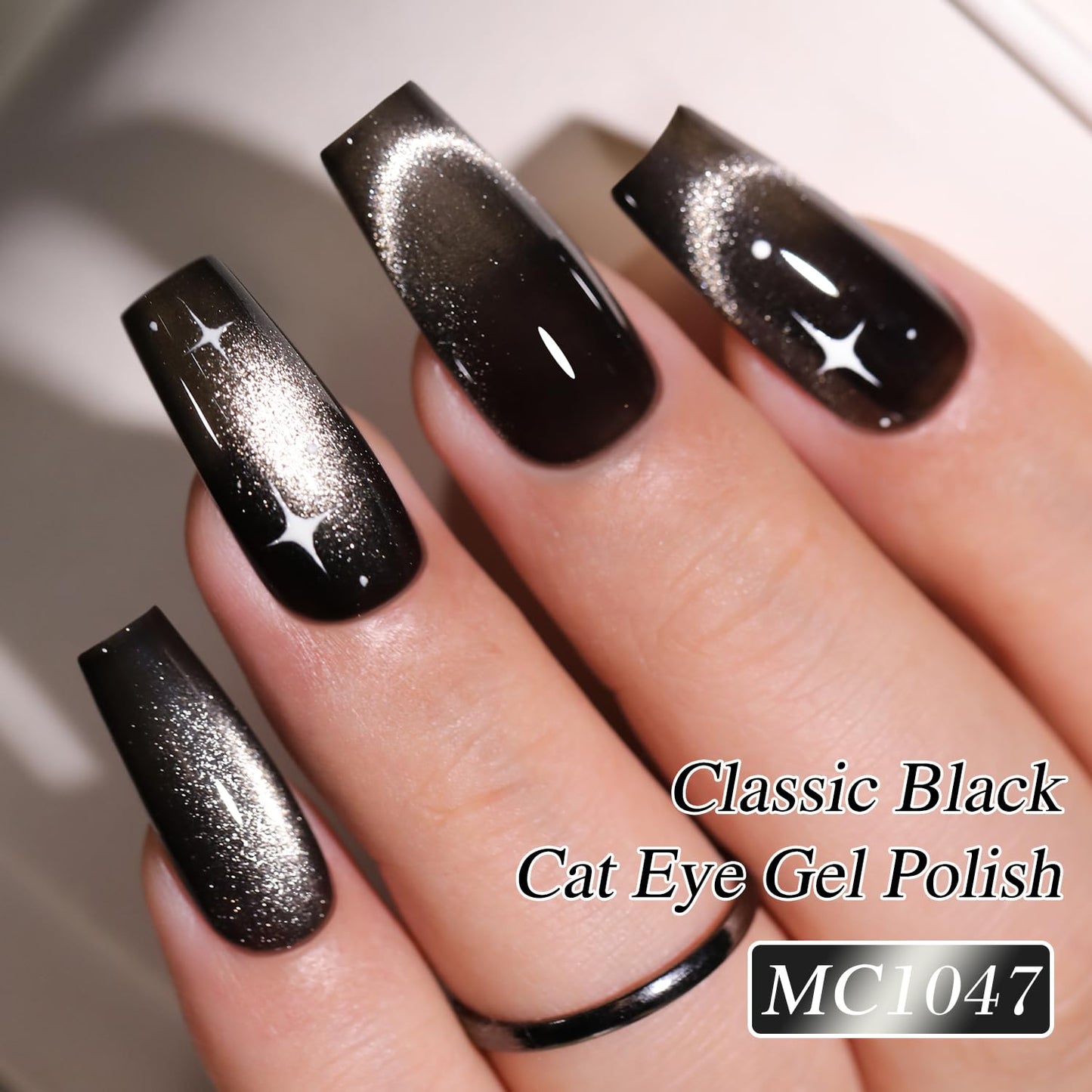 Double Rhythm 0.5 OZ Cat Eye Gel Polish with Magnet 15ML Holographic Glitter Shimmer Translucent Jelly Color Magnetic Nail Polish Salon DIY at Home (Black-MC1047)