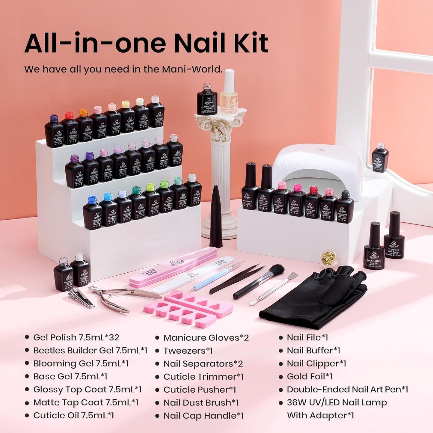 Beetles Gel Nail Polish Kit with UV LED Light Starter Kit 53 Pcs Soak Off 32 Colors Pink Yellow Nude Glitter Gel Polish Set with Base Top Coat 36W Nail Dryer Building Gel Blomming