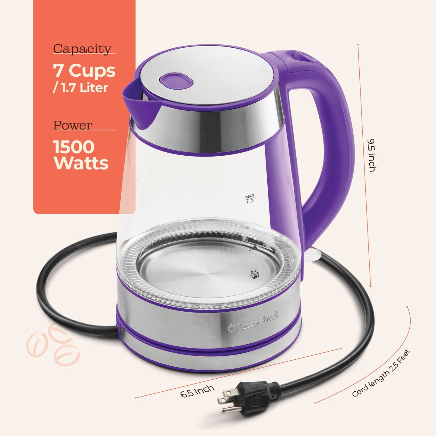 Speed-Boil Electric Kettle - 1.7L Water Boiler 1500W, Coffee & Tea Kettle Borosilicate Glass, Easy Clean Wide Opening, Auto Shut-Off, Cool Touch Handle, LED Light. 360° Rotation, Boil Dry Protection