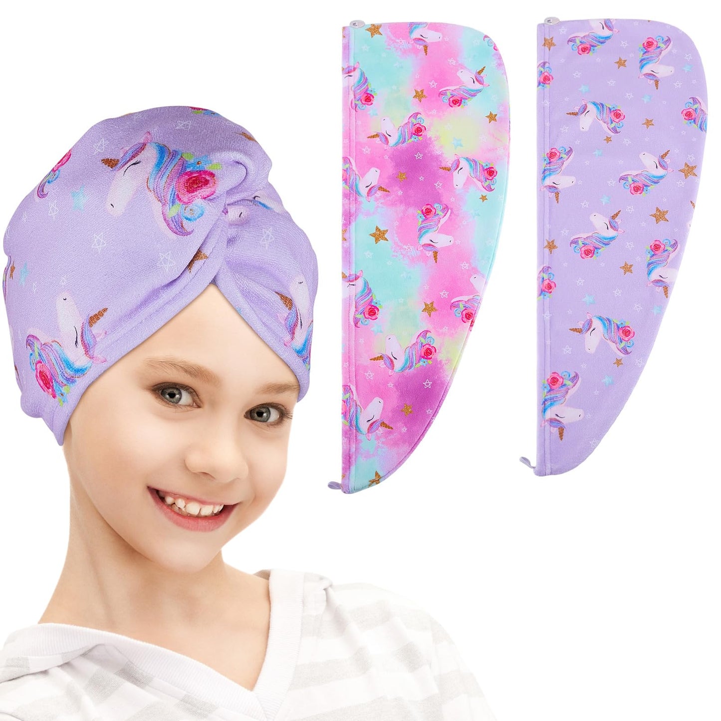 FIOBEE Microfiber Hair Towel Wrap for Kid Rapid Drying Towel Absorbent Hair Turbans for Wet Hair with Button Women Girls Long Curly Hair Pack of 2, Light Purple/Red