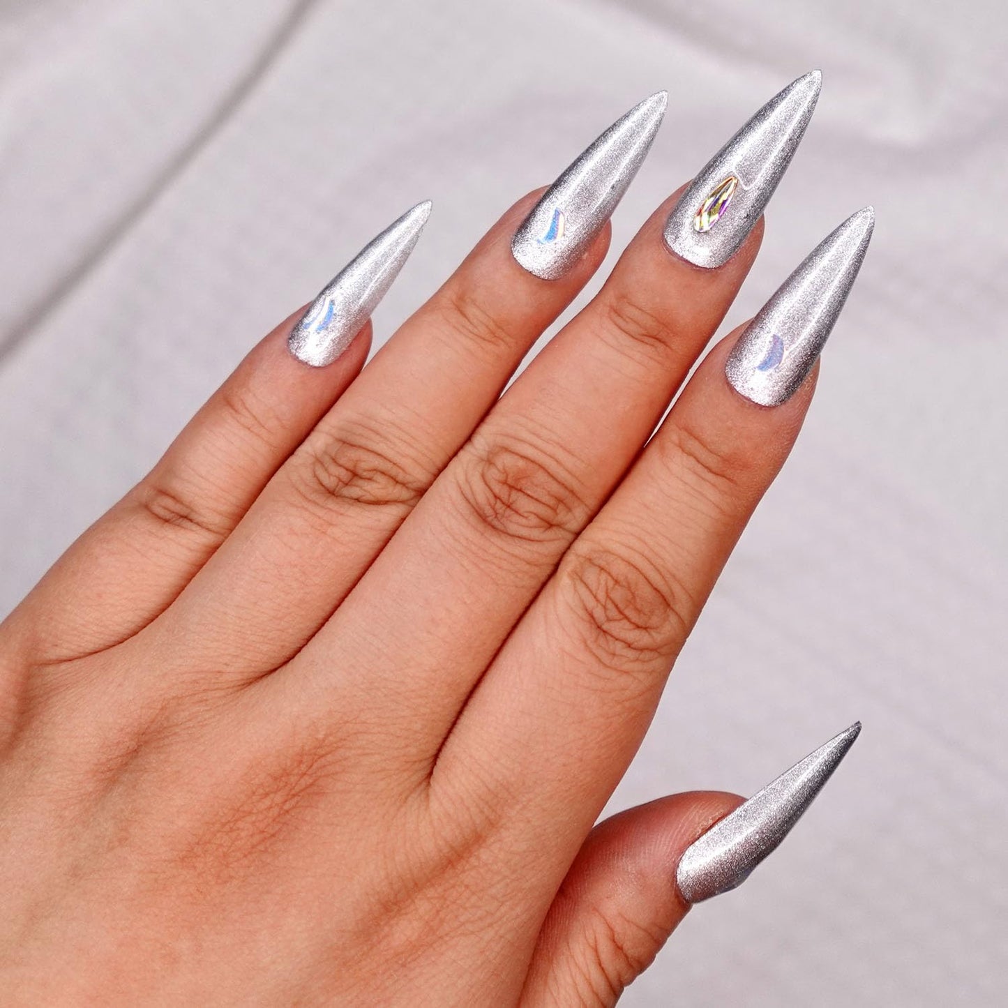 10 Pcs Handmade Press on Nails (X-Small, Silver Moon - Cool Silver Stiletto tips with Holo Moon and Holo Teardrop Stone Bling/Stiletto) A112XS