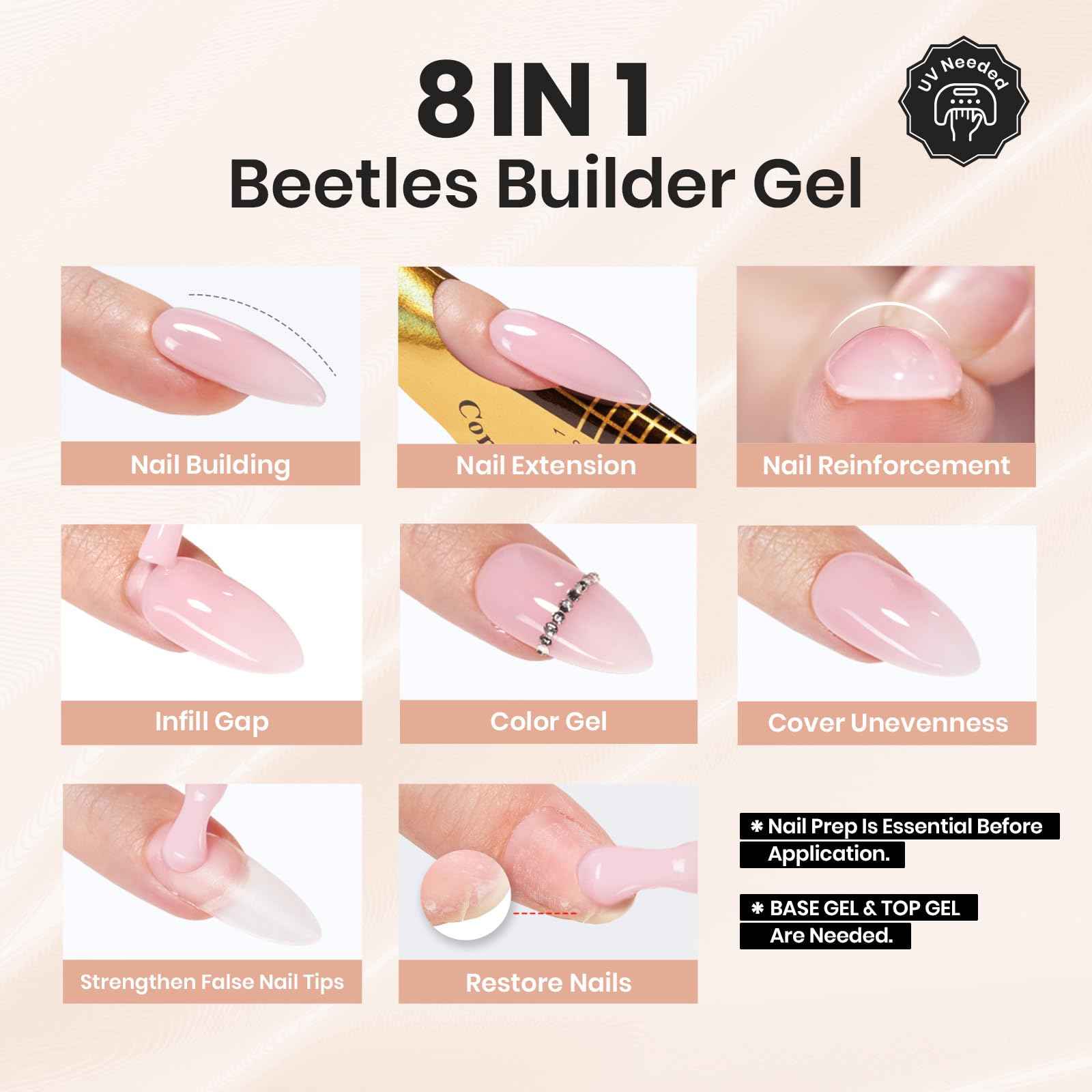 Beetles Builder Gel Kit HEMA Free & Handheld Nail Lamp, 8 in 1 Nail Thickening Strengthening Building Apex for Beginner DIY Salon at Home with Base & Top Coat,Clear Natural Nude Builder Nail Gel