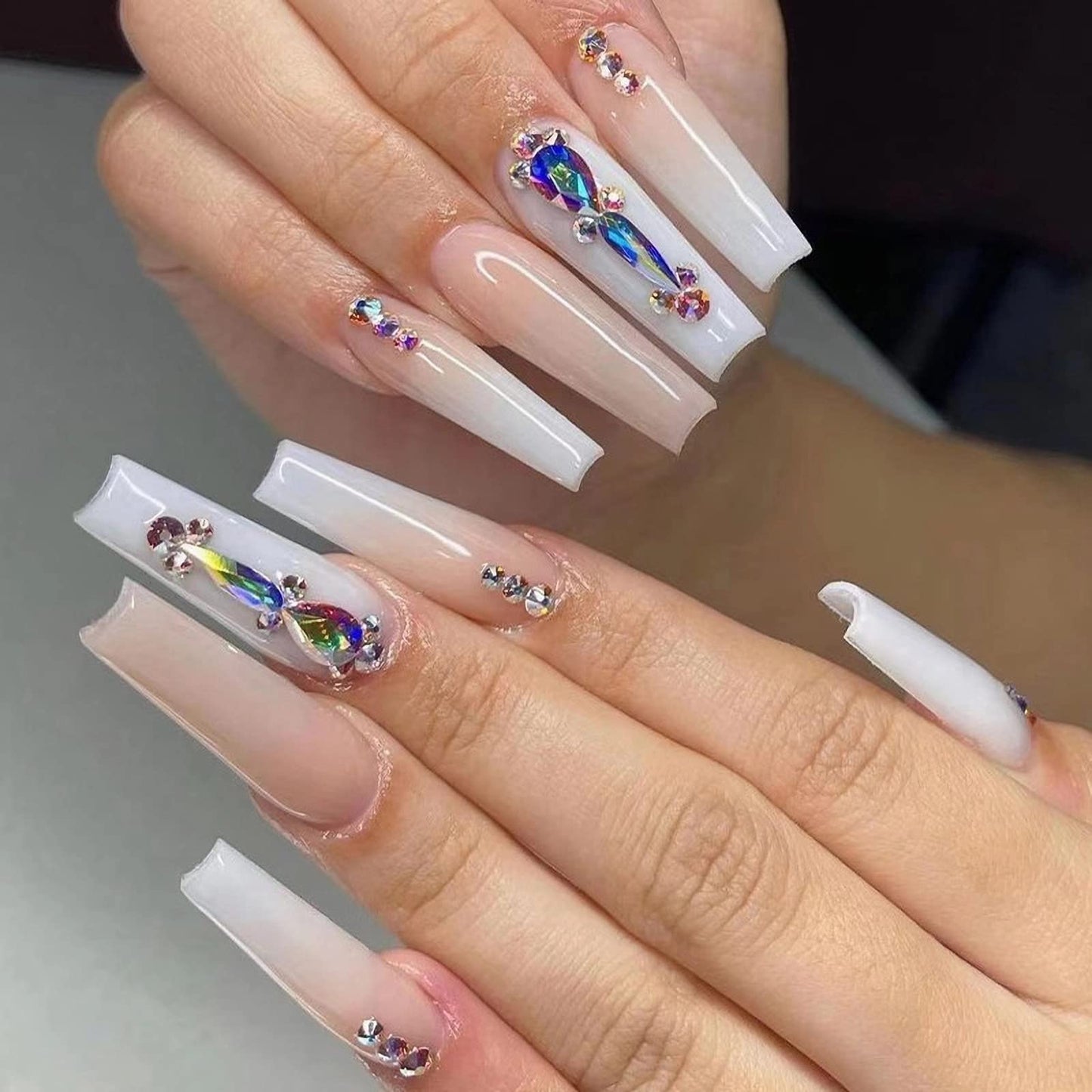 MISUD 24 pcs Coffin Press on Nails Long Ballerina Fake Nails Glossy Glue on Nails Natural Gradient Acrylic Nails Nude White Artificial Nails 3D Rhinestone Stick on False Nails with Design 24 pcs