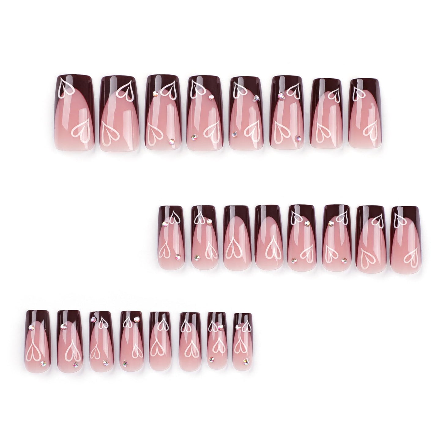 24Pcs Valentines Press on Nails Long, RTKHFZE Square Fake Nails French Tip Glue on Nails with Heart/Love Designs Rhinestones False Nails Glossy Acrylic Nails Stick on Nails for Women